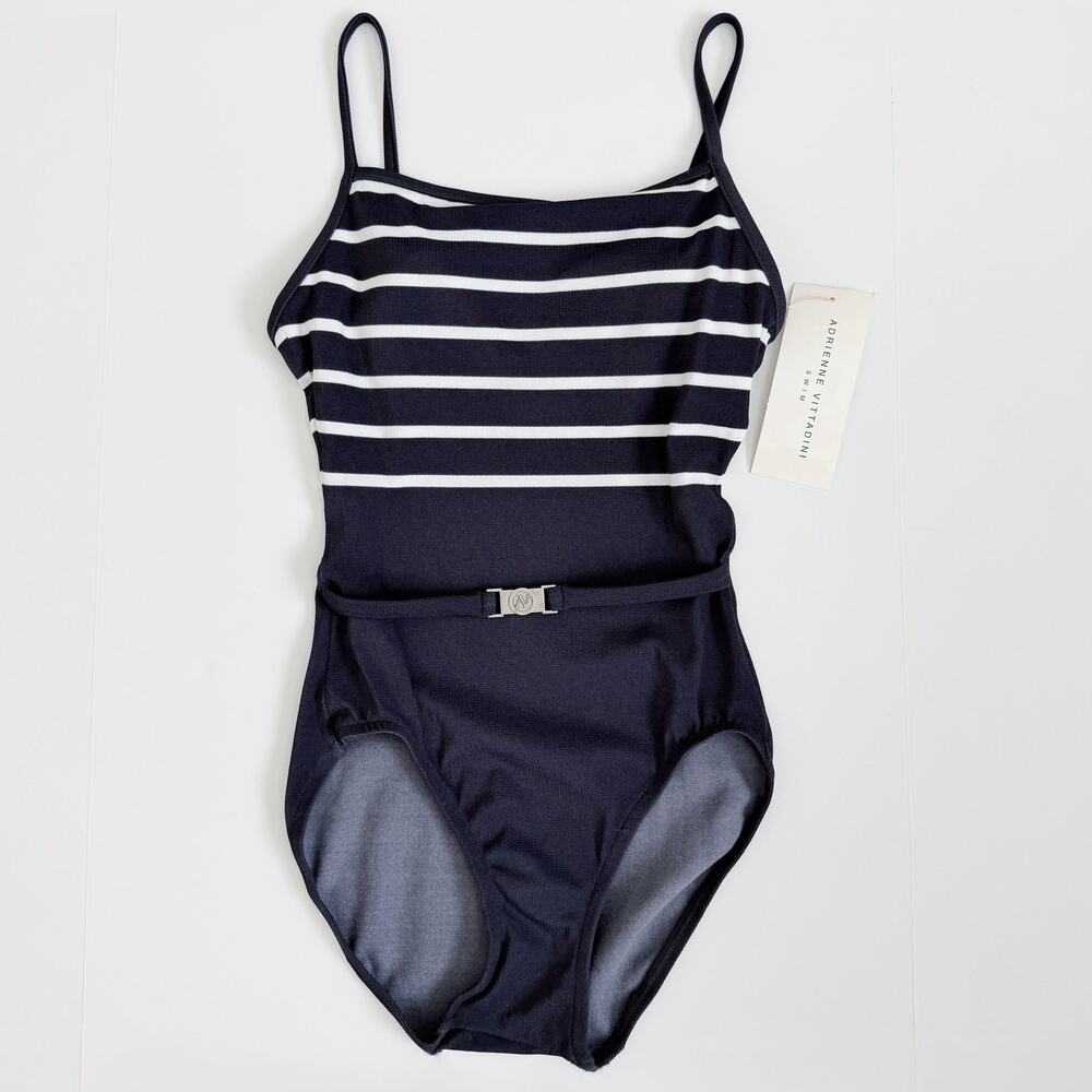 [Adrienne Vittadini] Navy Charcoal Striped Vintage Y2K Belted Swimsuit NWT Sz 6